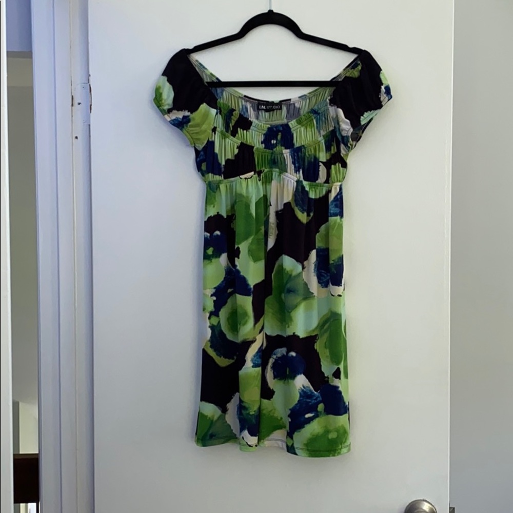 I.N. Studio Off-the-Shoulder Green/Navy Mini Dress